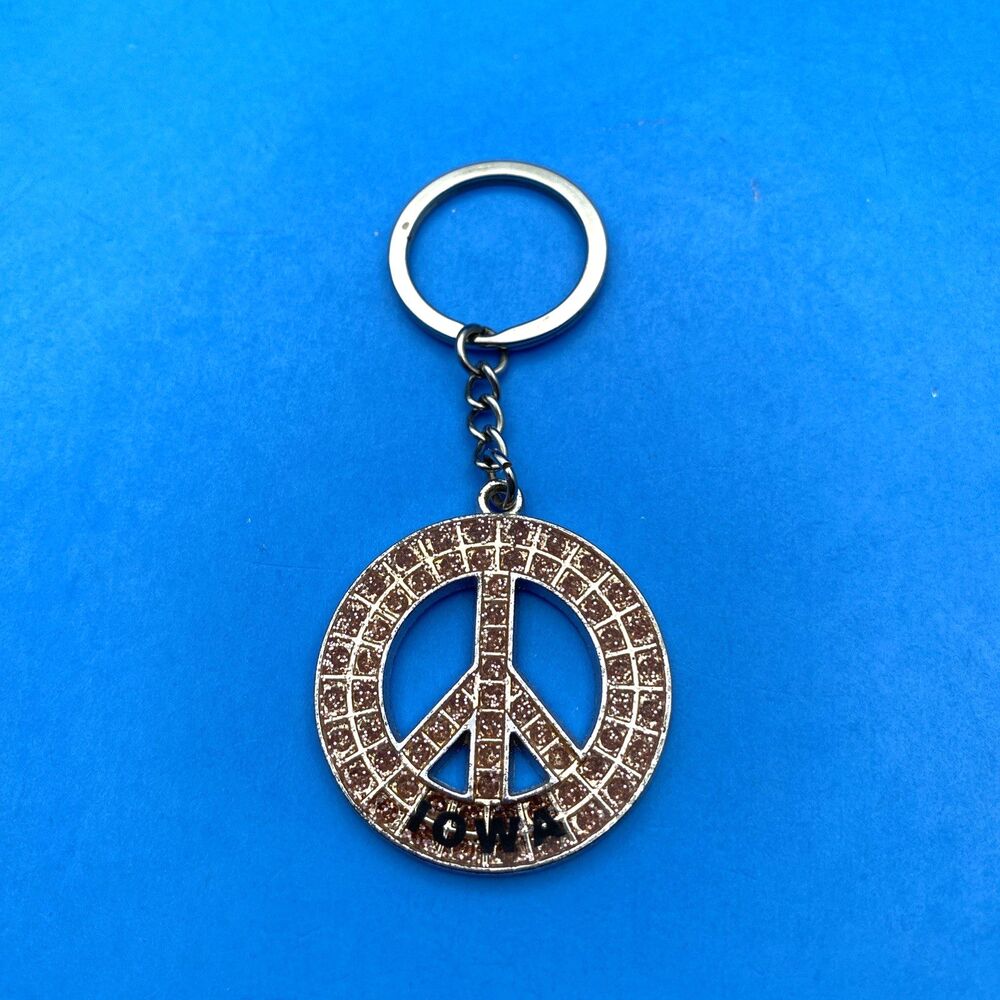 VINTAGE Pink/Orange Gem Iowa “PEACE  SYMBOL” Key Ring